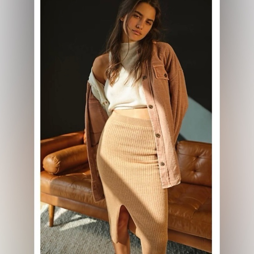 Free People Camel Ribbed Pencil Skirt
